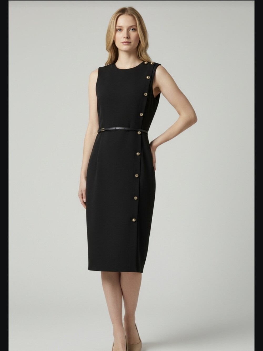 Calvin Klein Classic Black Sleeveless Sheath Dress with Button Detail